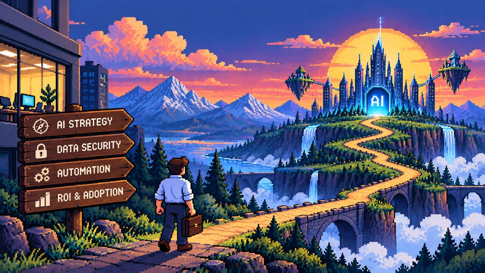Pixel-art illustration of a businessman with a briefcase leaving his office, walking a winding path past signposts for AI strategy, data security, automation and ROI toward a glowing AI castle at sunset